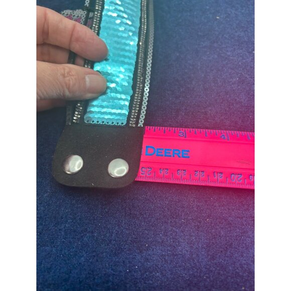 Paparazzi Snap Closure Mermaid Sequin Cuff Bracelet Black Faux Leather & Blue Sh - Picture 5 of 6